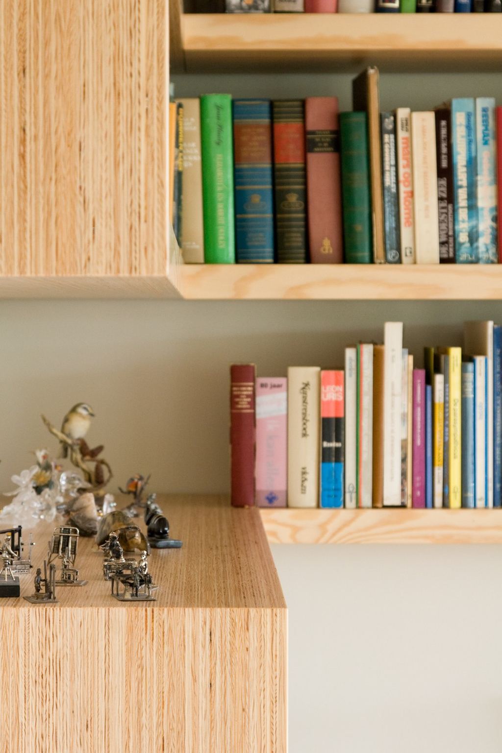 Boeken en kleine sierobjecten op een plexwood plank.