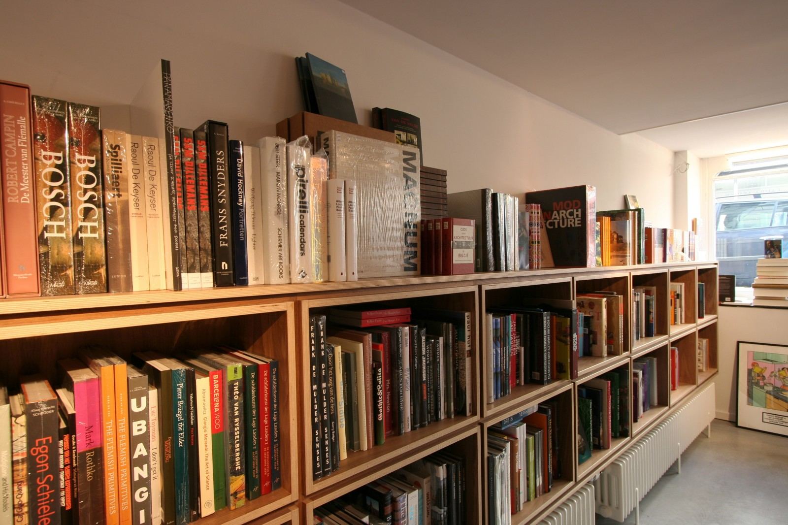 Dicht vakkenraster vol boeken, met een ronde hanglamp ervoor.